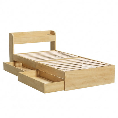 Artiss King Single Bed Frame with 2 Drawers Platform Bed with Headboard Bed Base with USB Ports Natural-Furniture > Bedroom > Beds &amp; Bed Frames-PEROZ Accessories