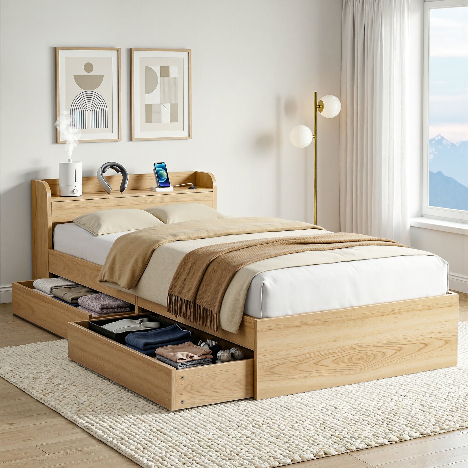 Artiss Single Bed Frame with 2 Storage Drawers Platform Bed Base with USB Ports Sturdy Wooden Slat Support Natural-Furniture > Bedroom > Beds &amp; Bed Frames-PEROZ Accessories