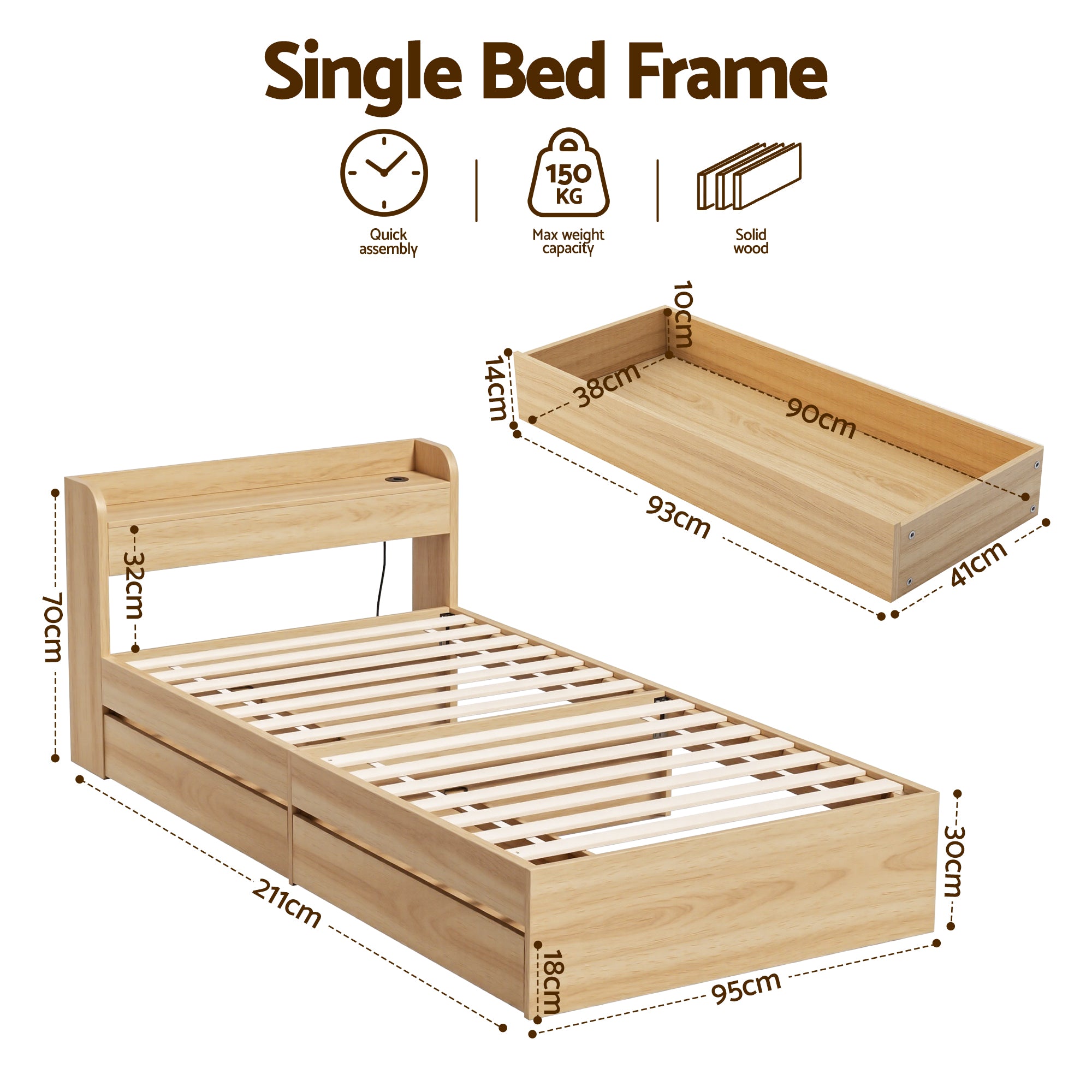 Artiss Single Bed Frame with 2 Storage Drawers Platform Bed Base with USB Ports Sturdy Wooden Slat Support Natural-Furniture > Bedroom > Beds &amp; Bed Frames-PEROZ Accessories