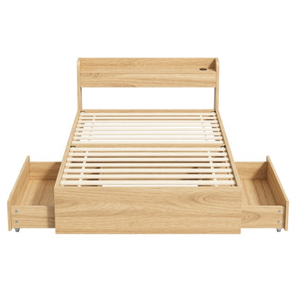Artiss Single Bed Frame with 2 Storage Drawers Platform Bed Base with USB Ports Sturdy Wooden Slat Support Natural-Furniture > Bedroom > Beds &amp; Bed Frames-PEROZ Accessories