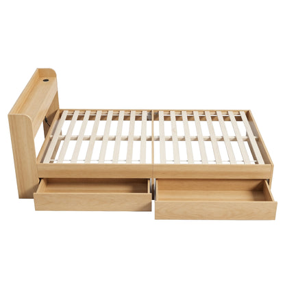 Artiss Single Bed Frame with 2 Storage Drawers Platform Bed Base with USB Ports Sturdy Wooden Slat Support Natural-Furniture > Bedroom > Beds &amp; Bed Frames-PEROZ Accessories
