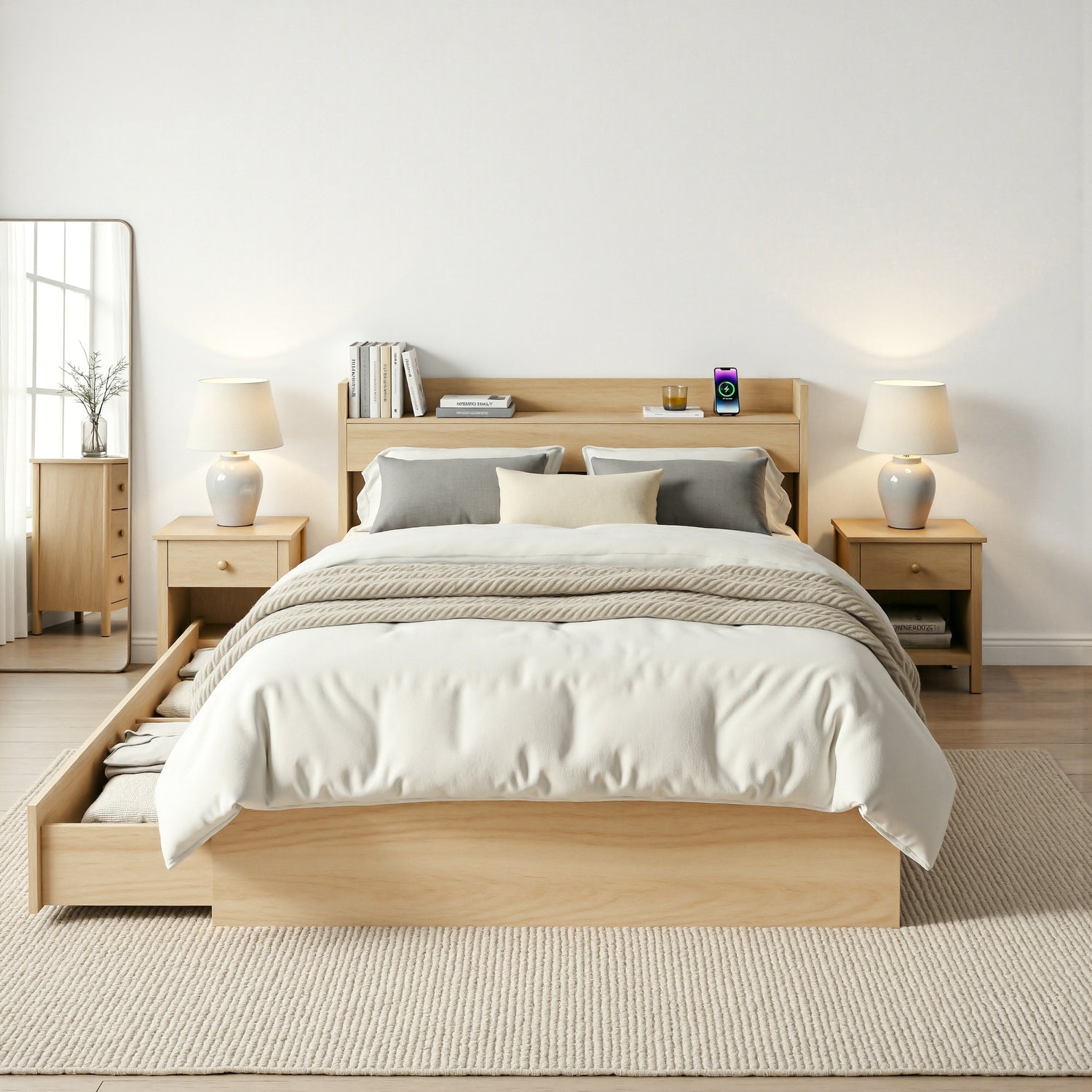 Artiss Single Bed Frame with 2 Storage Drawers Platform Bed Base with USB Ports Sturdy Wooden Slat Support Natural-Furniture > Bedroom > Beds &amp; Bed Frames-PEROZ Accessories