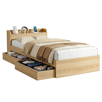 Artiss Single Bed Frame with 2 Storage Drawers Platform Bed Base with USB Ports Sturdy Wooden Slat Support Natural-Furniture > Bedroom > Beds &amp; Bed Frames-PEROZ Accessories
