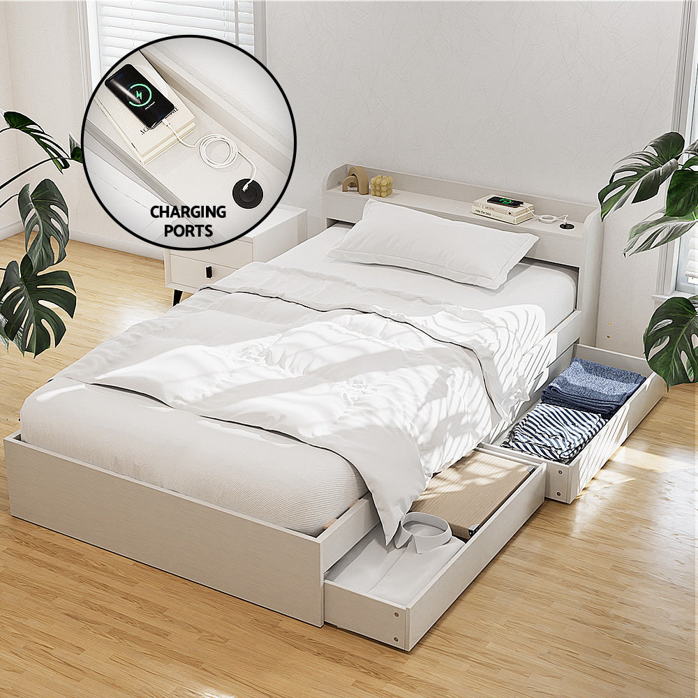 Artiss Bed Frame Single Size with Charging Ports and 2 Drawers AURA-Furniture &gt; Bedroom &gt; Beds &amp; Bed Frames-PEROZ Accessories