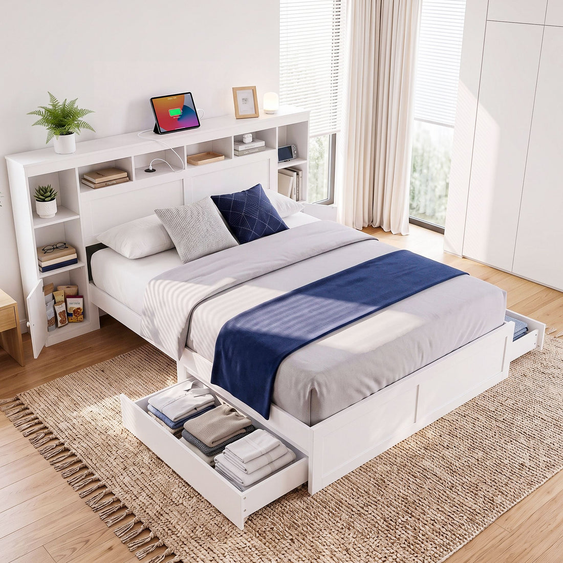 Artiss Queen Bed Frame with Storage Bookcase Headboard, USB &amp; Type-C Ports &amp; Drawers White-Baby &amp; Kids > Kid&