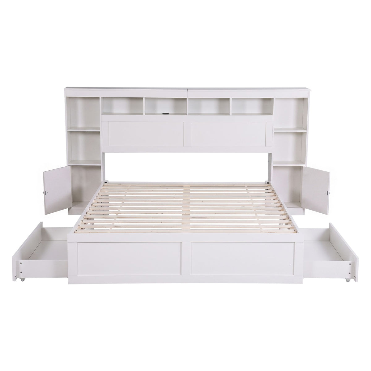 Artiss Queen Bed Frame with Storage Bookcase Headboard, USB &amp; Type-C Ports &amp; Drawers White