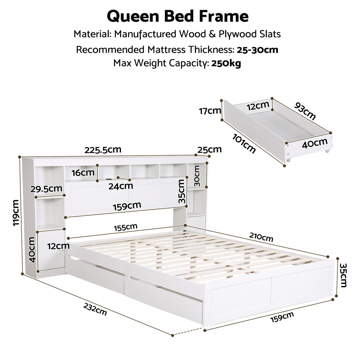 Artiss Queen Bed Frame with Storage Bookcase Headboard, USB &amp; Type-C Ports &amp; Drawers White