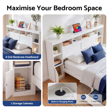 Artiss Queen Bed Frame with Storage Bookcase Headboard, USB &amp; Type-C Ports &amp; Drawers White