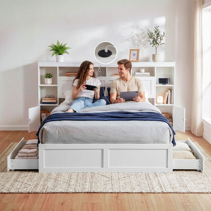 Artiss Queen Bed Frame with Storage Bookcase Headboard, USB &amp; Type-C Ports &amp; Drawers White