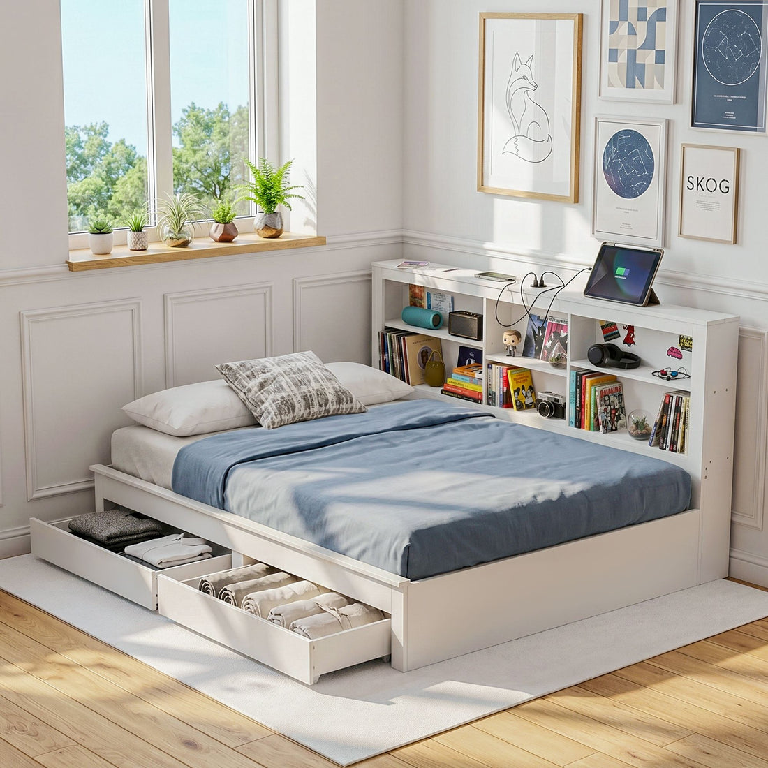 Artiss Noise-Free White Farmhouse Solid Wood Double Platform Bed Frame with Storage Headboard, Charging Station and Drawers for Bedroom and Apartment-Furniture > Bedroom > Beds &amp; Bed Frames-PEROZ Accessories