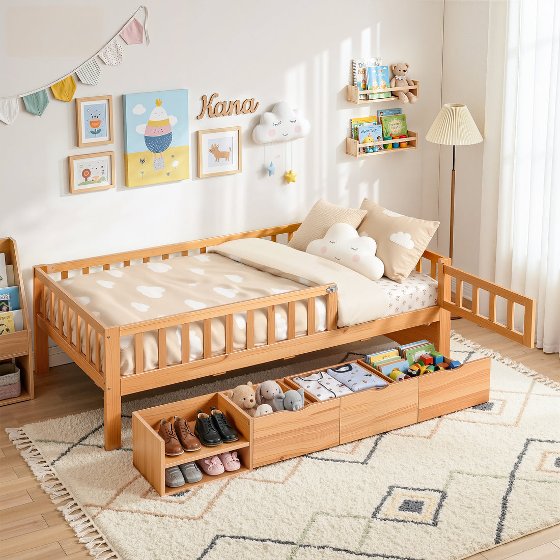 Artiss Kids Single Bed Frame with 3 Storage Drawer Montessori Bed for Toddler Natural-Furniture > Bedroom > Beds &amp; Bed Frames-PEROZ Accessories