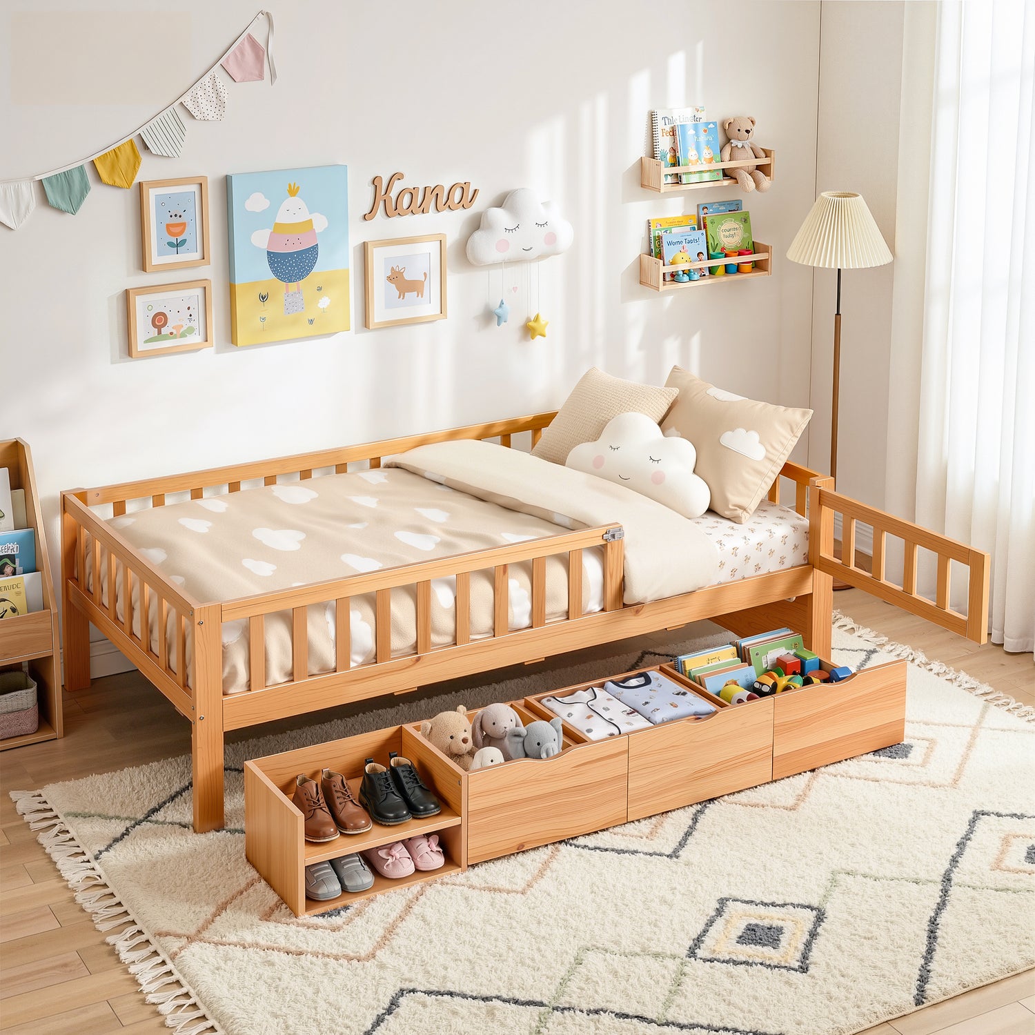 Artiss Kids Single Bed Frame with 3 Storage Drawer Montessori Bed for Toddler Natural-Furniture > Bedroom > Beds &amp; Bed Frames-PEROZ Accessories