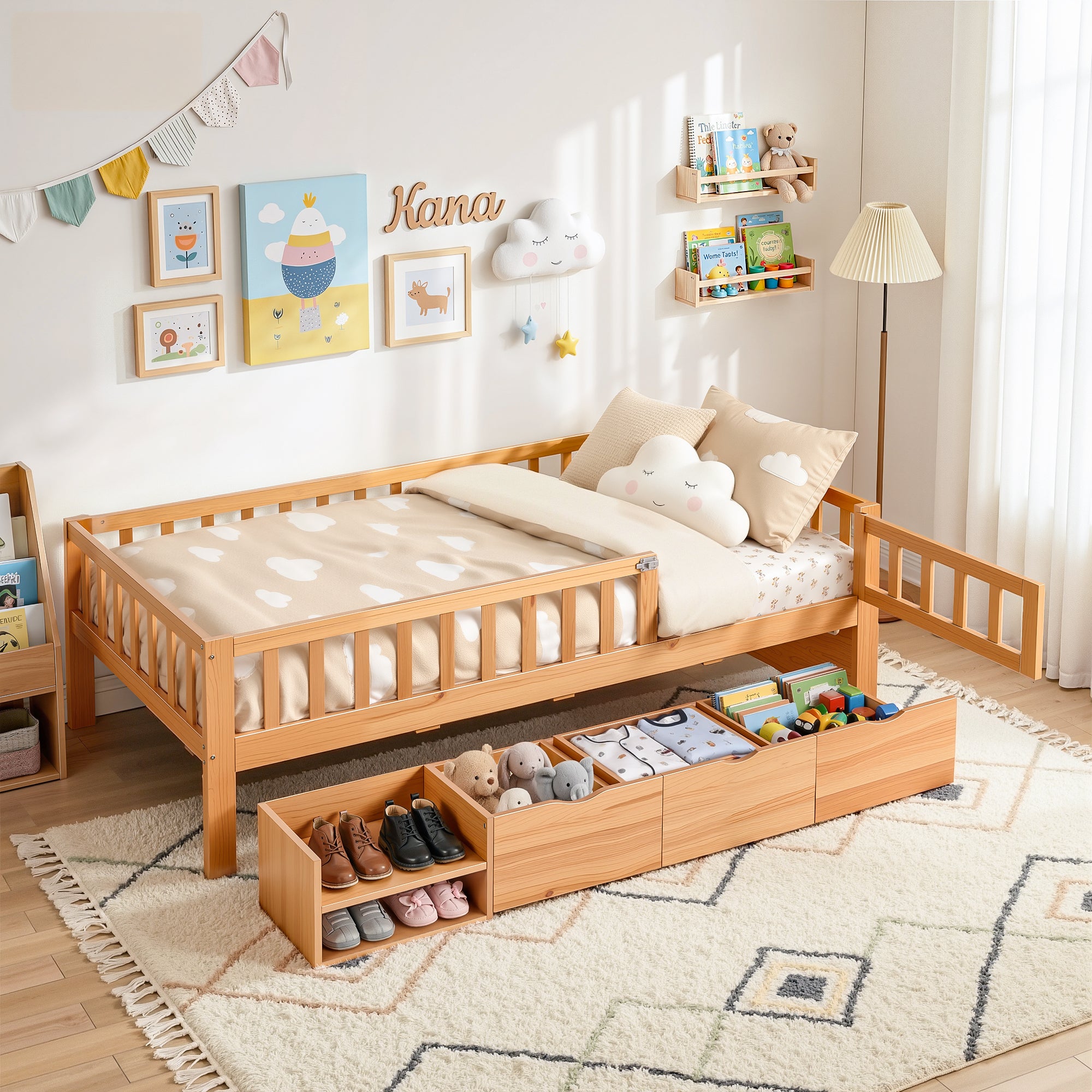 Artiss Kids Single Bed Frame with 3 Storage Drawer Montessori Bed for Toddler Natural-Furniture > Bedroom > Beds &amp; Bed Frames-PEROZ Accessories