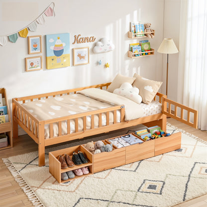 Artiss Kids Single Bed Frame with 3 Storage Drawer Montessori Bed for Toddler Natural-Furniture > Bedroom > Beds &amp; Bed Frames-PEROZ Accessories