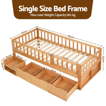 Artiss Kids Single Bed Frame with 3 Storage Drawer Montessori Bed for Toddler Natural-Furniture > Bedroom > Beds &amp; Bed Frames-PEROZ Accessories