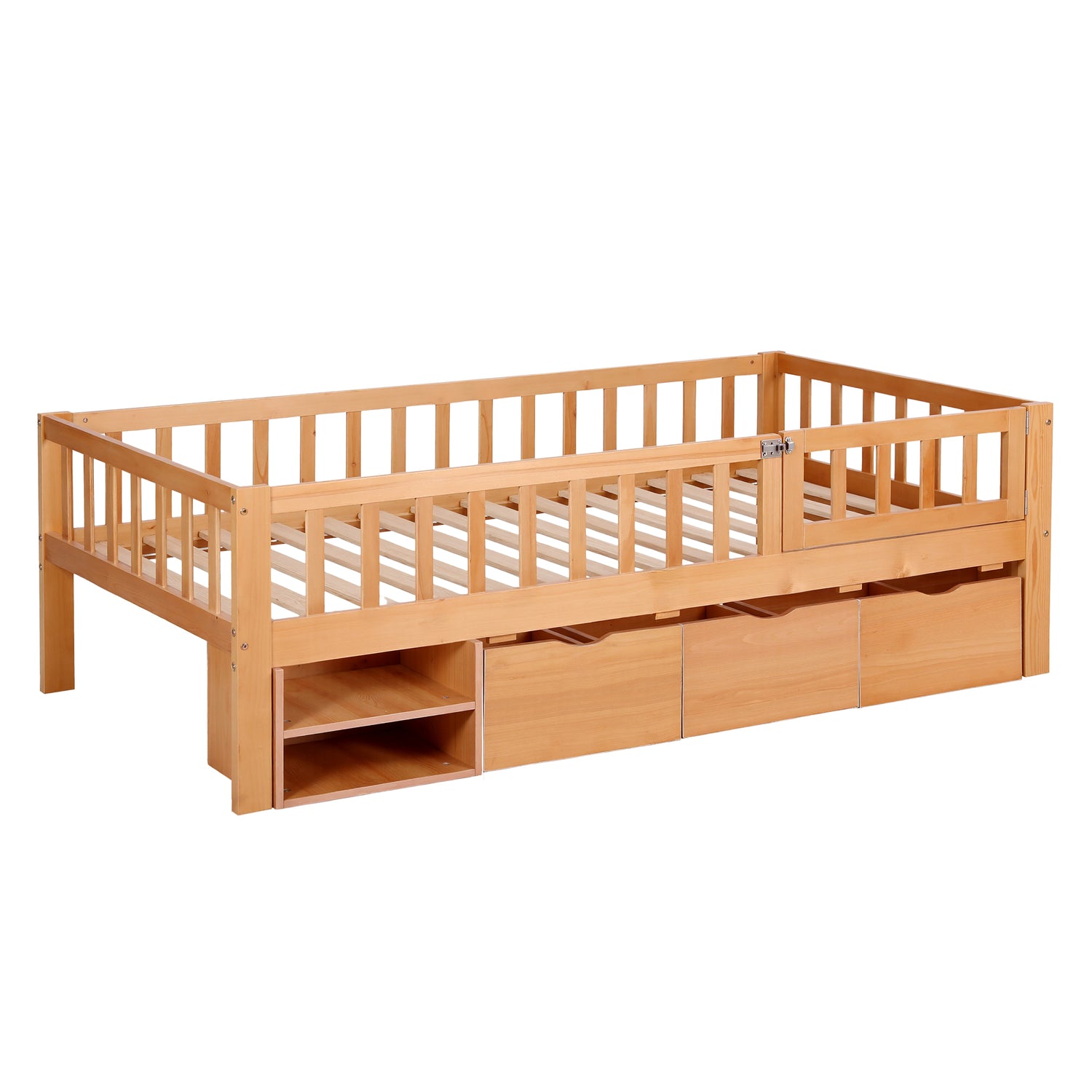 Artiss Kids Single Bed Frame with 3 Storage Drawer Montessori Bed for Toddler Natural-Furniture > Bedroom > Beds &amp; Bed Frames-PEROZ Accessories