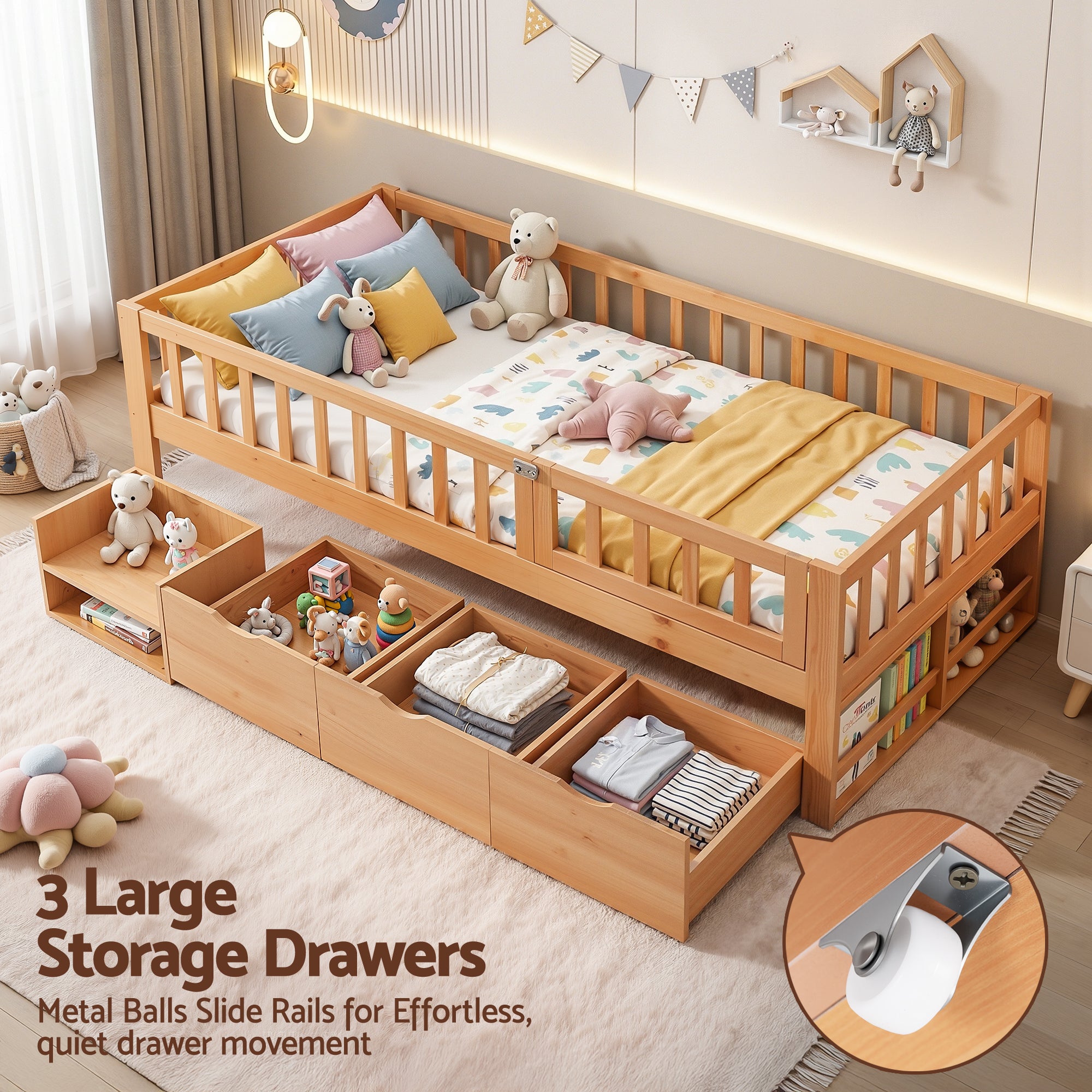 Artiss Kids Single Bed Frame with 3 Storage Drawer Montessori Bed for Toddler Natural-Furniture > Bedroom > Beds &amp; Bed Frames-PEROZ Accessories