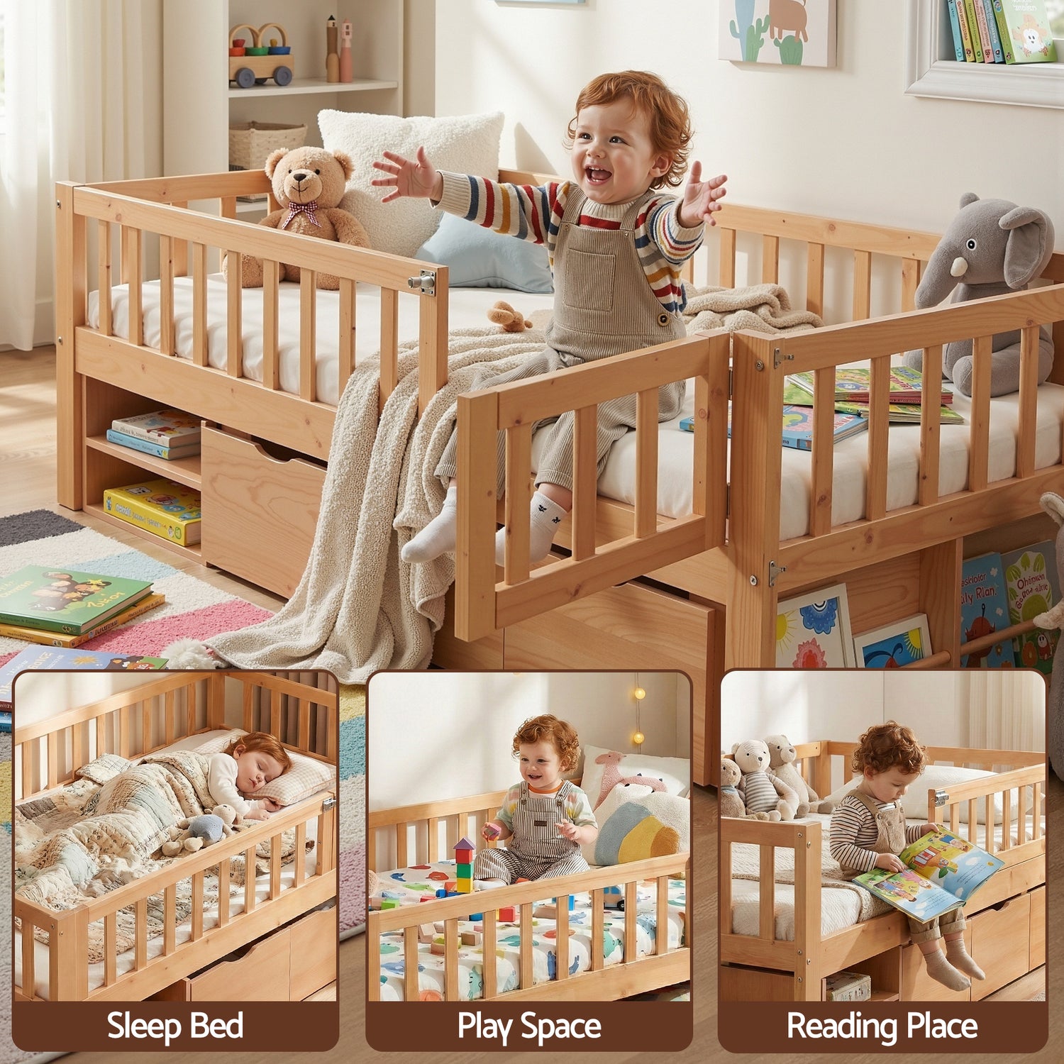Artiss Kids Single Bed Frame with 3 Storage Drawer Montessori Bed for Toddler Natural-Furniture > Bedroom > Beds &amp; Bed Frames-PEROZ Accessories