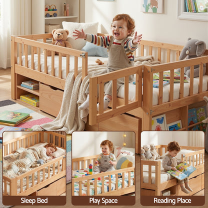 Artiss Kids Single Bed Frame with 3 Storage Drawer Montessori Bed for Toddler Natural-Furniture > Bedroom > Beds &amp; Bed Frames-PEROZ Accessories
