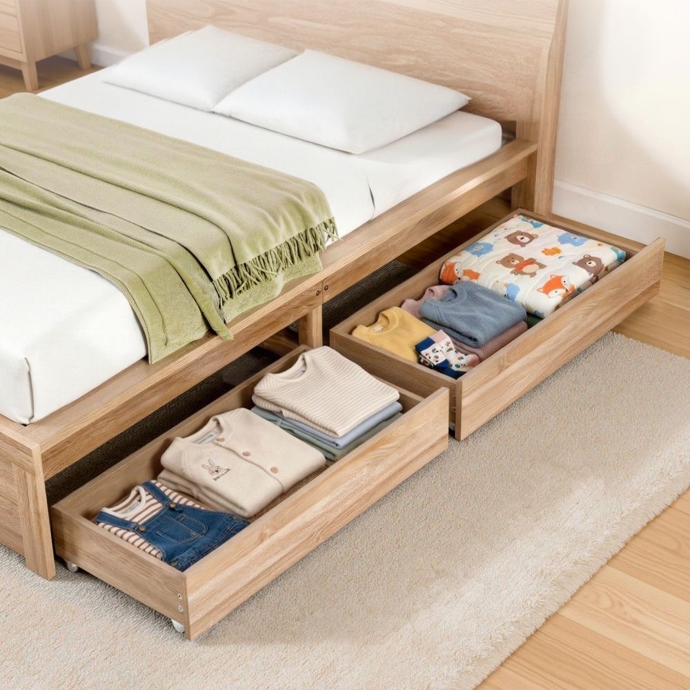 Artiss 2pcs Under Bed Storage with Wheels Rolling Wooden Drawers Single &amp; Double