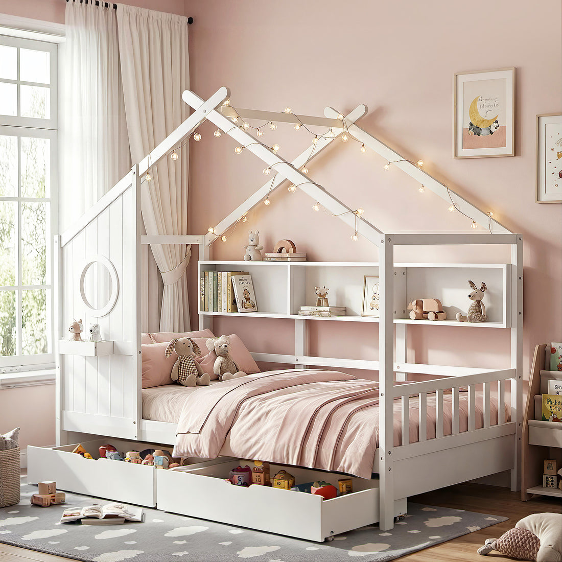 Artiss Kids Single Bed Frame with 3 Storage Bookcase &amp; 2 Drawers House Bed Solid Wood Montessori Bed Easy Assembly White-Furniture > Bedroom > Beds &amp; Bed Frames-PEROZ Accessories