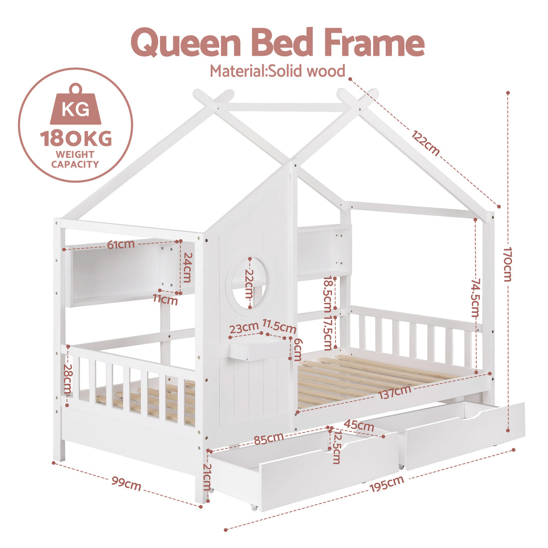 Artiss Kids Single Bed Frame with 3 Storage Bookcase &amp; 2 Drawers House Bed Solid Wood Montessori Bed Easy Assembly White-Furniture > Bedroom > Beds &amp; Bed Frames-PEROZ Accessories