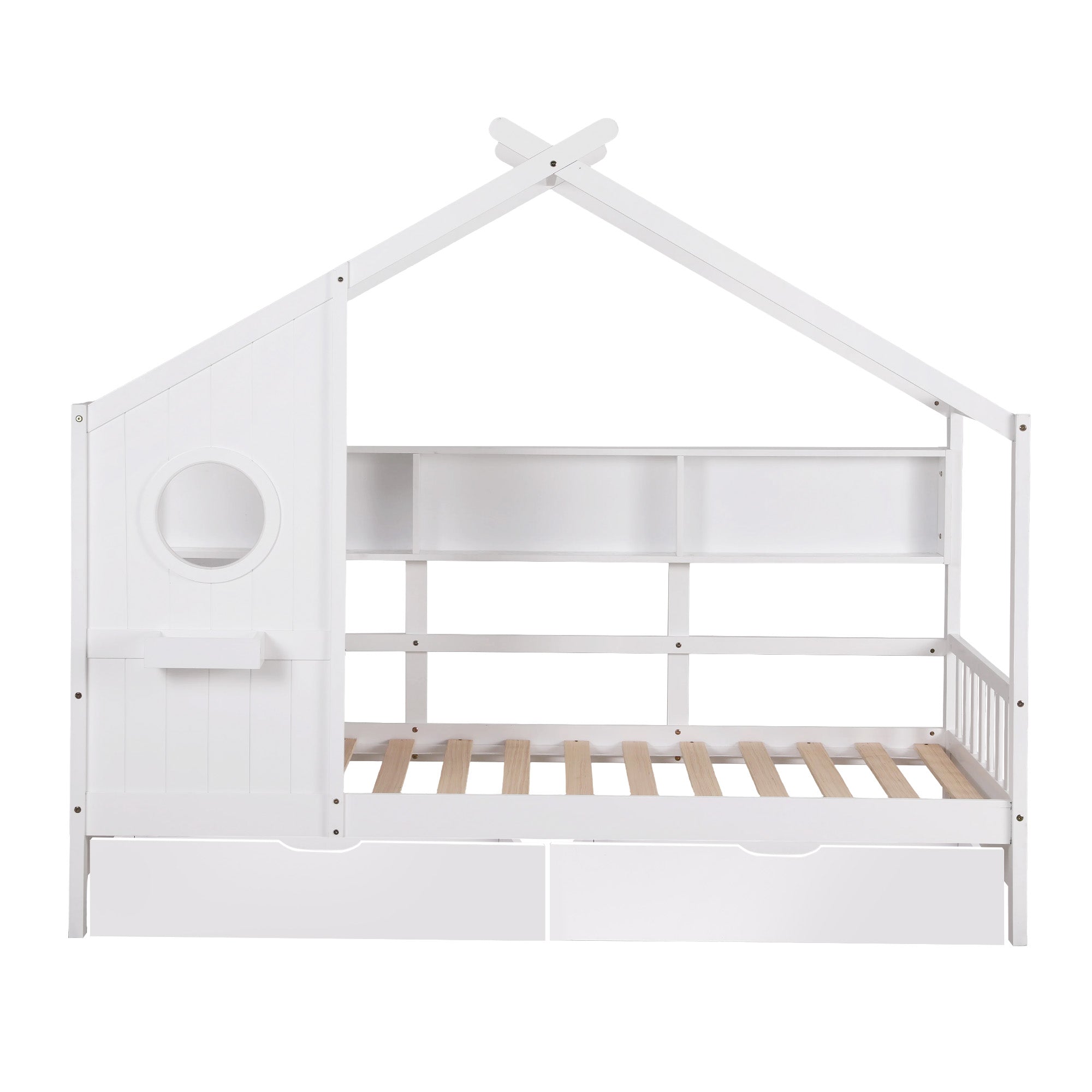 Artiss Kids Single Bed Frame with 3 Storage Bookcase &amp; 2 Drawers House Bed Solid Wood Montessori Bed Easy Assembly White-Furniture > Bedroom > Beds &amp; Bed Frames-PEROZ Accessories