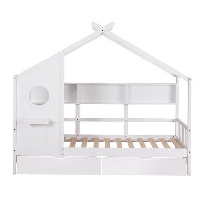 Artiss Kids Single Bed Frame with 3 Storage Bookcase &amp; 2 Drawers House Bed Solid Wood Montessori Bed Easy Assembly White-Furniture > Bedroom > Beds &amp; Bed Frames-PEROZ Accessories