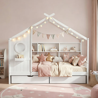 Artiss Kids Single Bed Frame with 3 Storage Bookcase &amp; 2 Drawers House Bed Solid Wood Montessori Bed Easy Assembly White-Furniture > Bedroom > Beds &amp; Bed Frames-PEROZ Accessories