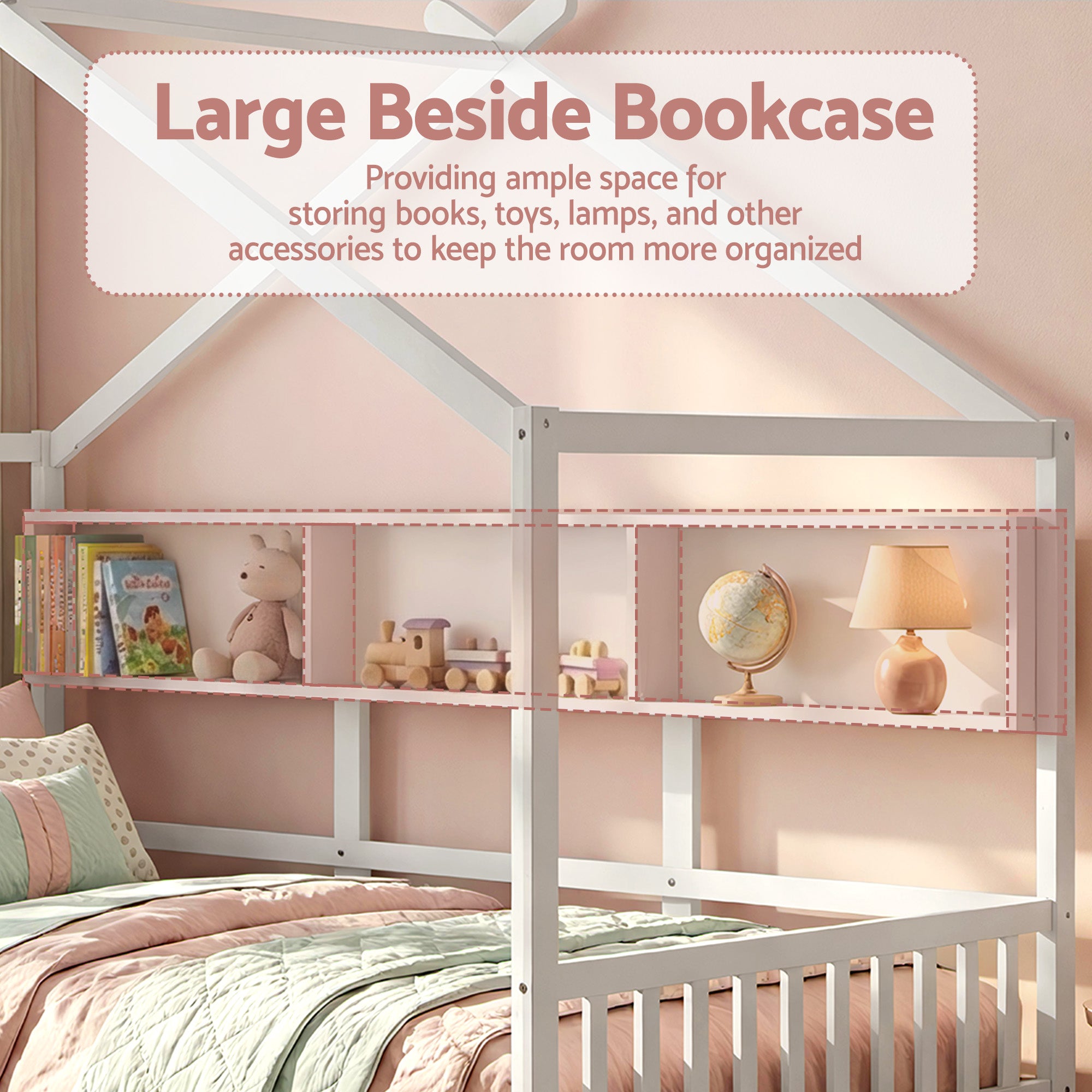 Artiss Kids Single Bed Frame with 3 Storage Bookcase &amp; 2 Drawers House Bed Solid Wood Montessori Bed Easy Assembly White-Furniture > Bedroom > Beds &amp; Bed Frames-PEROZ Accessories