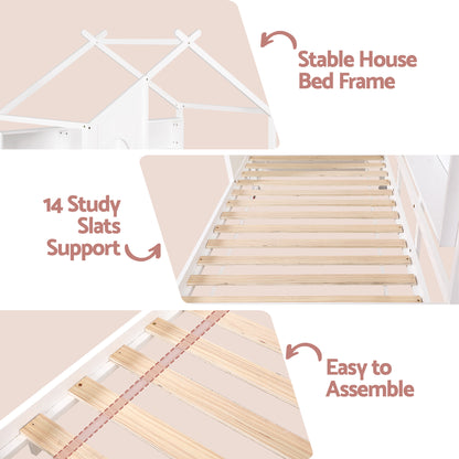 Artiss Kids Single Bed Frame with 3 Storage Bookcase &amp; 2 Drawers House Bed Solid Wood Montessori Bed Easy Assembly White-Furniture > Bedroom > Beds &amp; Bed Frames-PEROZ Accessories