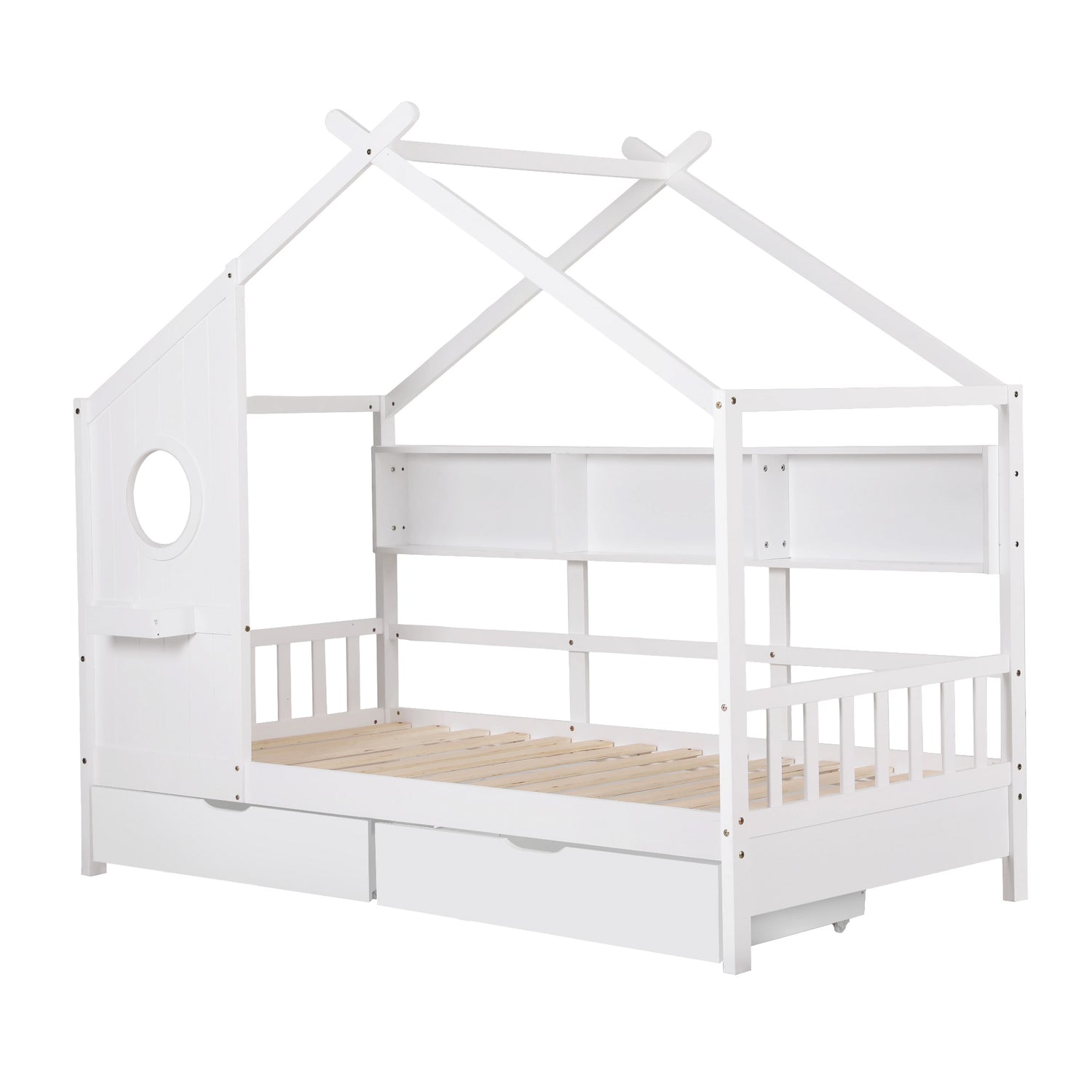 Artiss Kids Single Bed Frame with 3 Storage Bookcase &amp; 2 Drawers House Bed Solid Wood Montessori Bed Easy Assembly White-Furniture > Bedroom > Beds &amp; Bed Frames-PEROZ Accessories