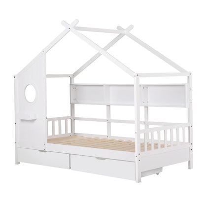 Artiss Kids Single Bed Frame with 3 Storage Bookcase &amp; 2 Drawers House Bed Solid Wood Montessori Bed Easy Assembly White-Furniture > Bedroom > Beds &amp; Bed Frames-PEROZ Accessories