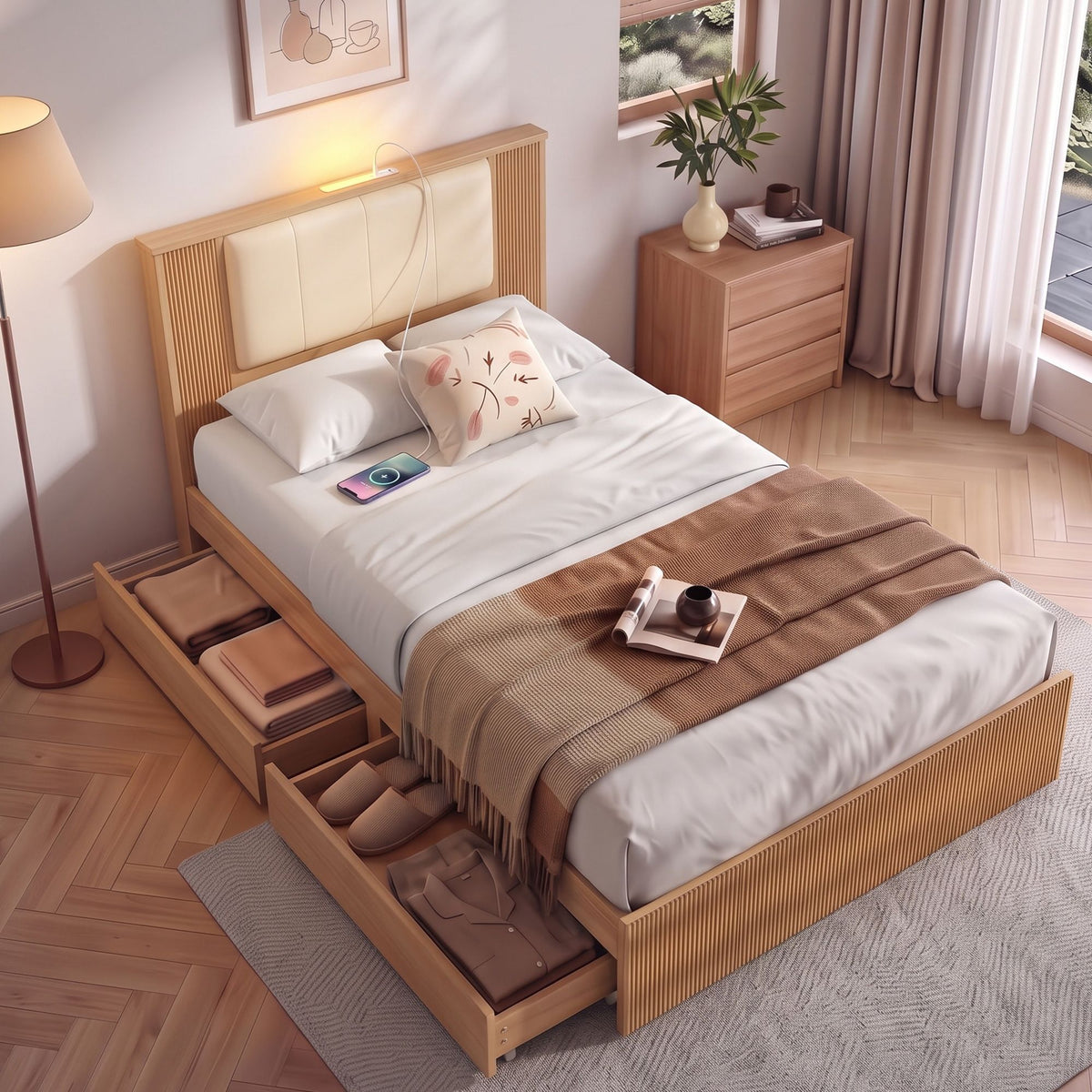 Artiss King Single Bed Frame with 2 Drawers, PU Leather Headboard &amp; Charging Station-Furniture > Bedroom > Beds &amp; Bed Frames-PEROZ Accessories