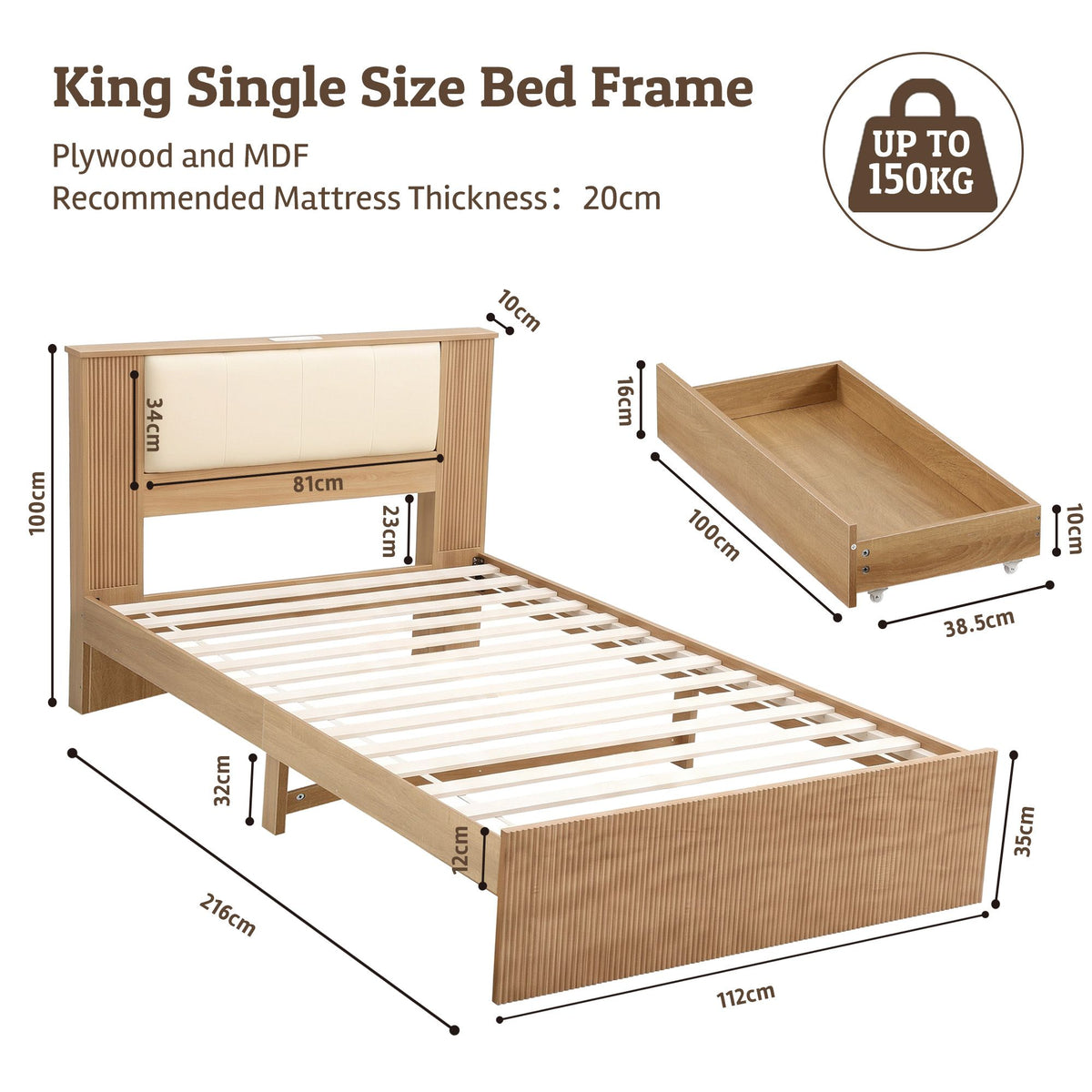Artiss King Single Bed Frame with 2 Drawers, PU Leather Headboard &amp; Charging Station-Furniture > Bedroom > Beds &amp; Bed Frames-PEROZ Accessories