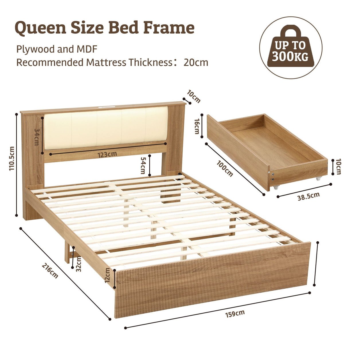Artiss Queen Bed Frame with 2 Drawers, PU Leather Headboard &amp; Charging Station-Furniture > Bedroom > Beds &amp; Bed Frames-PEROZ Accessories
