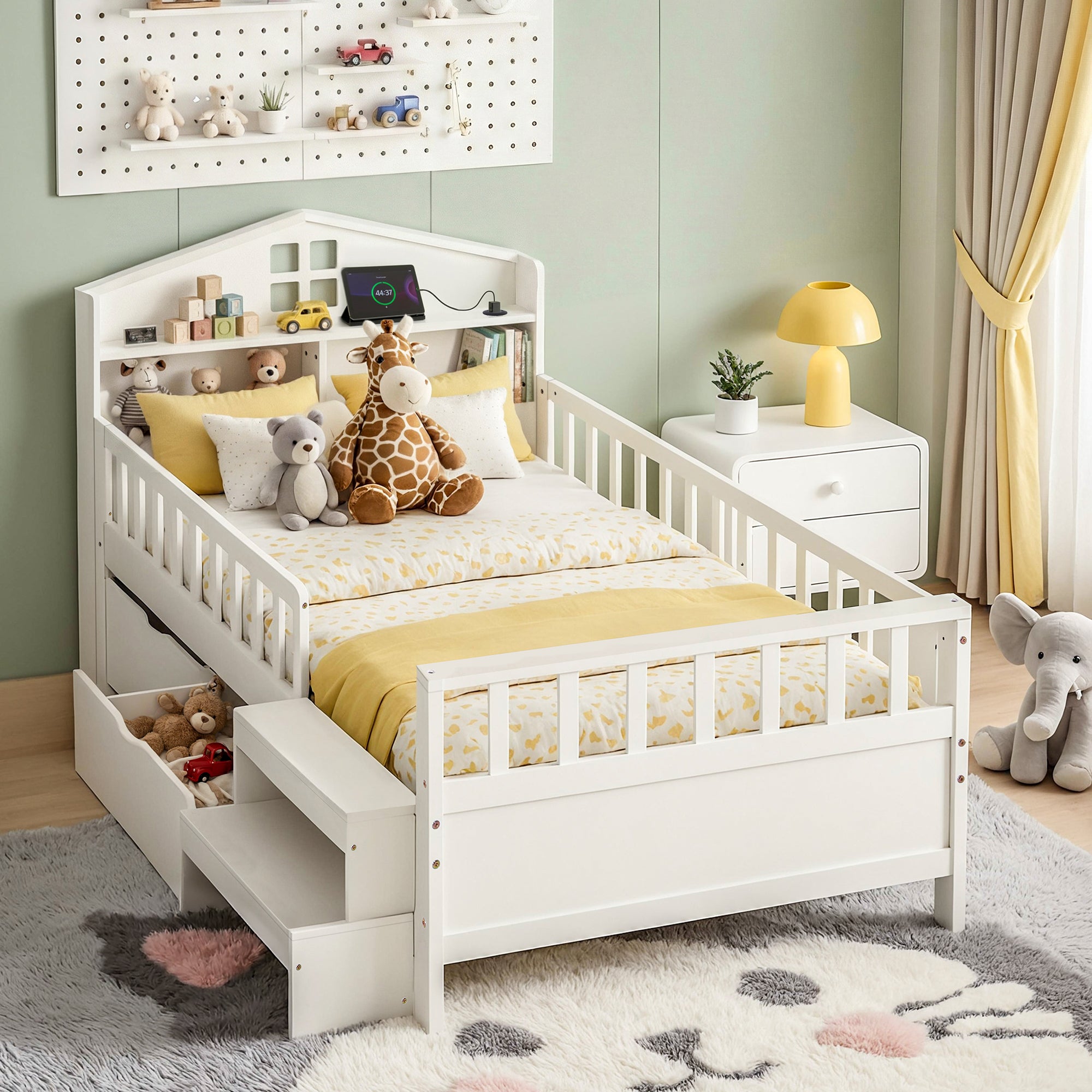 Artiss Single Bed Frame with 2 Storage Drawers, Montessori Bed with Headboard, 2 USB Ports &amp; Led Light, Solid Wood Platform Bed Base with Safety Rail &amp; Ladder, 31CM Under-Bed Storage, White-Furniture > Living Room > TV Units-PEROZ Accessories
