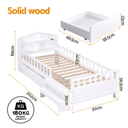 Artiss Single Bed Frame with 2 Storage Drawers, Montessori Bed with Headboard, 2 USB Ports &amp; Led Light, Solid Wood Platform Bed Base with Safety Rail &amp; Ladder, 31CM Under-Bed Storage, White-Furniture > Living Room > TV Units-PEROZ Accessories