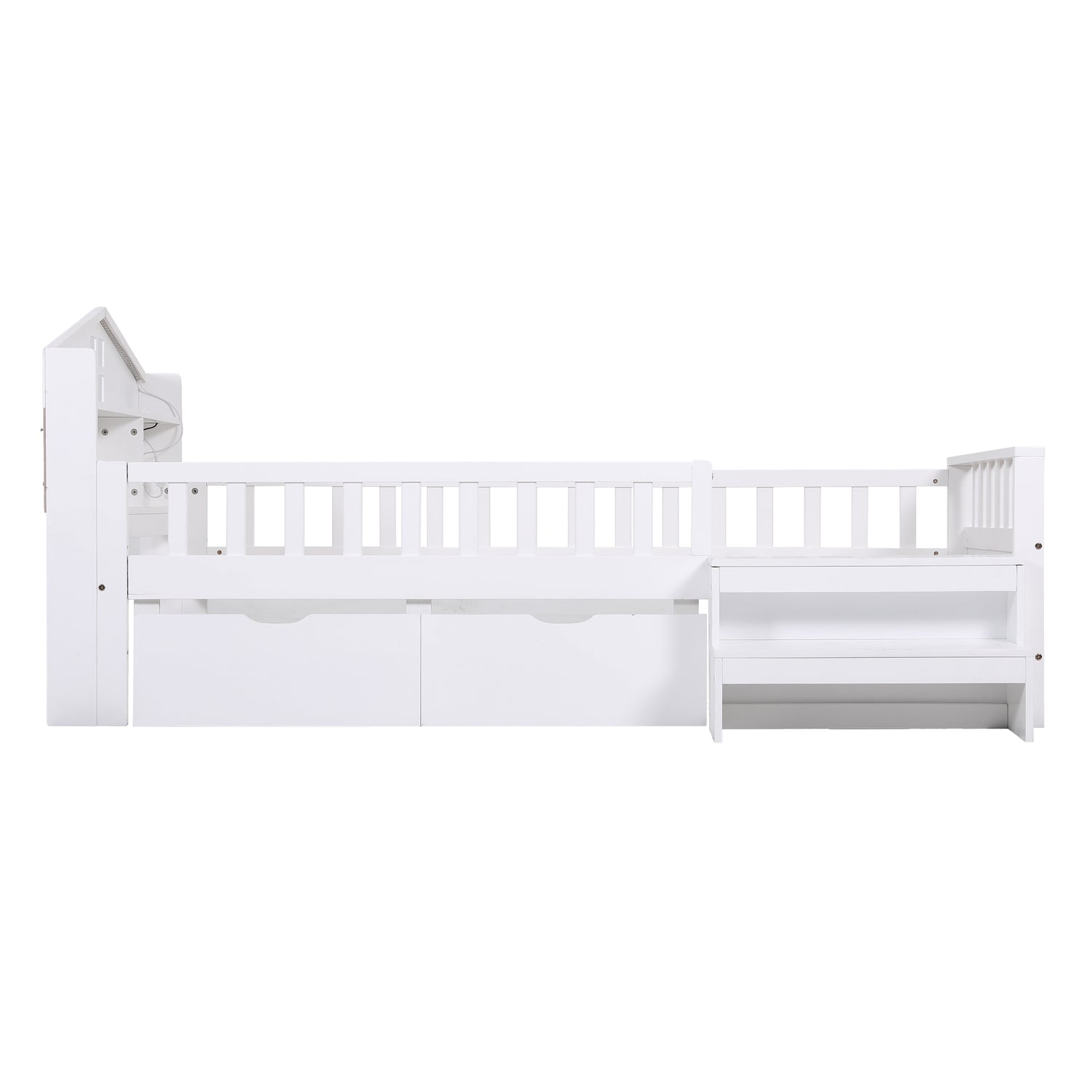 Artiss Single Bed Frame with 2 Storage Drawers, Montessori Bed with Headboard, 2 USB Ports &amp; Led Light, Solid Wood Platform Bed Base with Safety Rail &amp; Ladder, 31CM Under-Bed Storage, White-Furniture > Living Room > TV Units-PEROZ Accessories