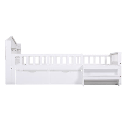 Artiss Single Bed Frame with 2 Storage Drawers, Montessori Bed with Headboard, 2 USB Ports &amp; Led Light, Solid Wood Platform Bed Base with Safety Rail &amp; Ladder, 31CM Under-Bed Storage, White-Furniture > Living Room > TV Units-PEROZ Accessories