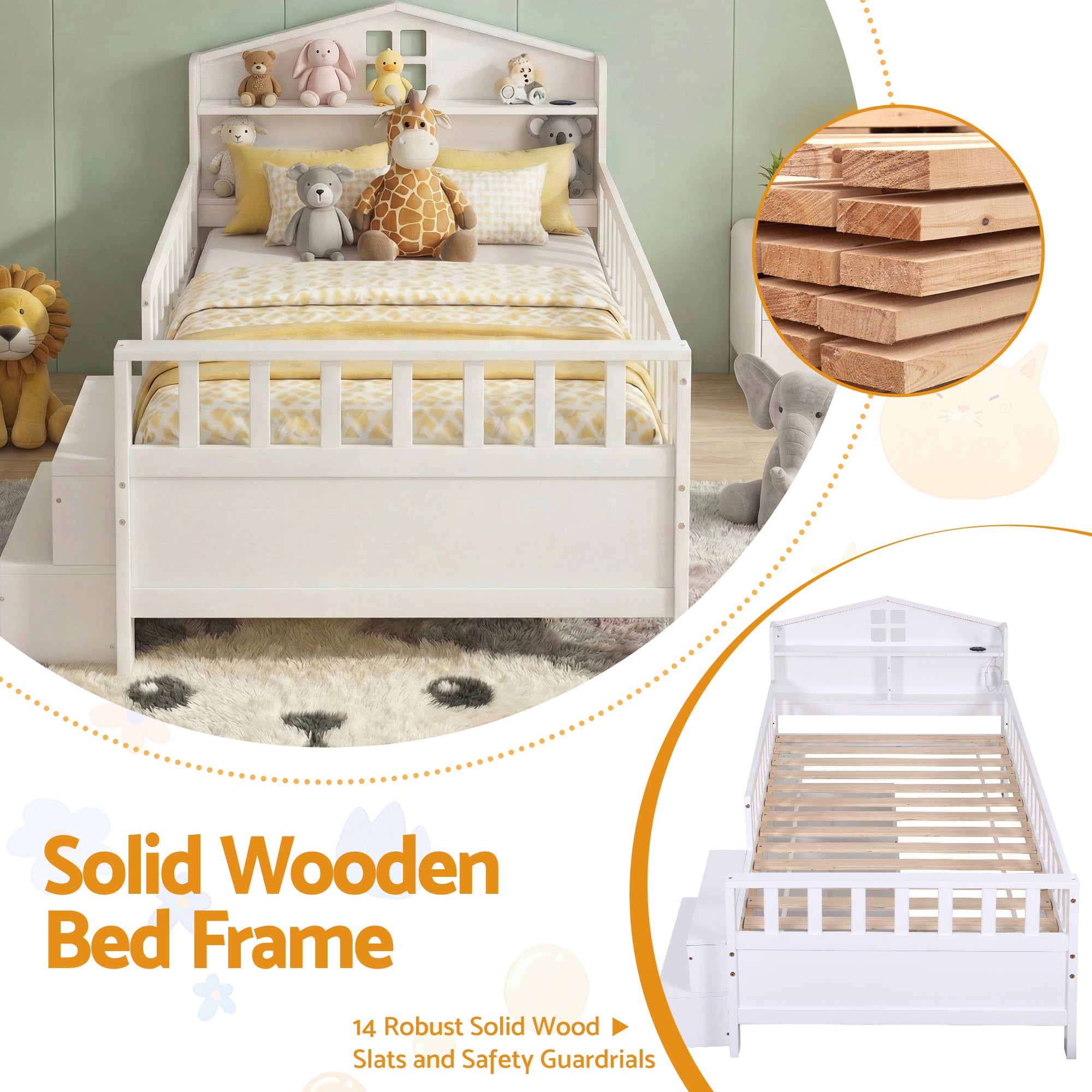 Artiss Single Bed Frame with 2 Storage Drawers, Montessori Bed with Headboard, 2 USB Ports &amp; Led Light, Solid Wood Platform Bed Base with Safety Rail &amp; Ladder, 31CM Under-Bed Storage, White-Furniture > Living Room > TV Units-PEROZ Accessories