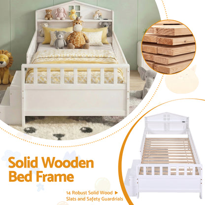 Artiss Single Bed Frame with 2 Storage Drawers, Montessori Bed with Headboard, 2 USB Ports &amp; Led Light, Solid Wood Platform Bed Base with Safety Rail &amp; Ladder, 31CM Under-Bed Storage, White-Furniture > Living Room > TV Units-PEROZ Accessories