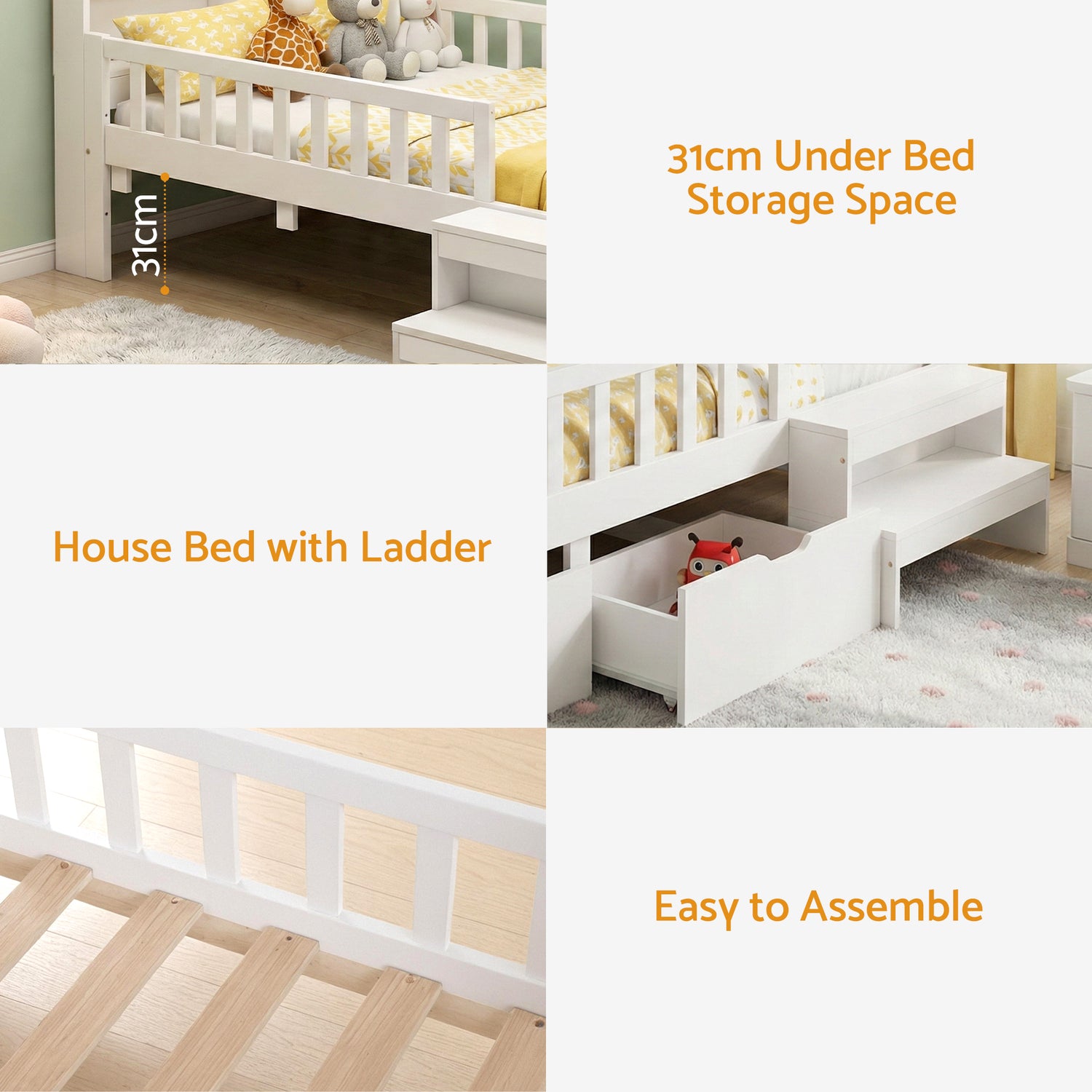 Artiss Single Bed Frame with 2 Storage Drawers, Montessori Bed with Headboard, 2 USB Ports &amp; Led Light, Solid Wood Platform Bed Base with Safety Rail &amp; Ladder, 31CM Under-Bed Storage, White-Furniture > Living Room > TV Units-PEROZ Accessories