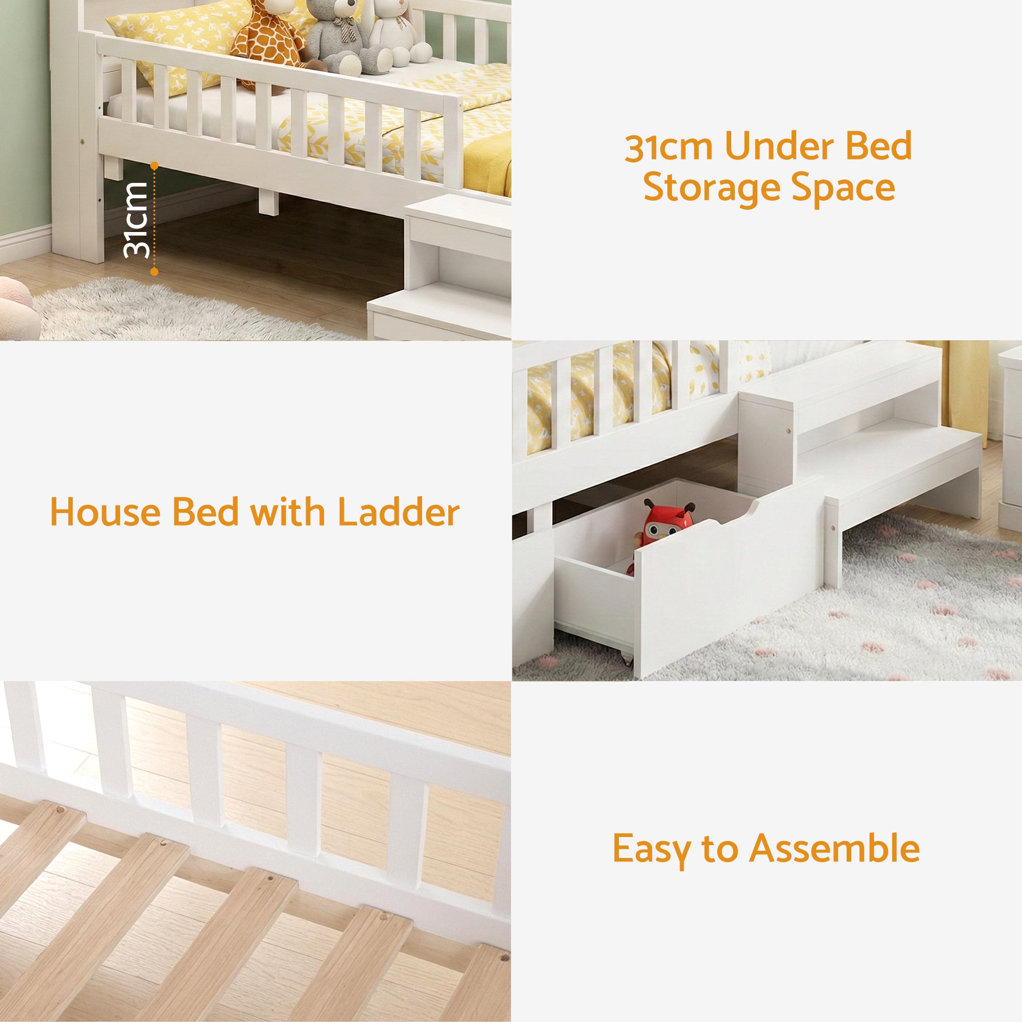 Artiss Single Bed Frame with 2 Storage Drawers, Montessori Bed with Headboard, 2 USB Ports &amp; Led Light, Solid Wood Platform Bed Base with Safety Rail &amp; Ladder, 31CM Under-Bed Storage, White-Furniture > Living Room > TV Units-PEROZ Accessories