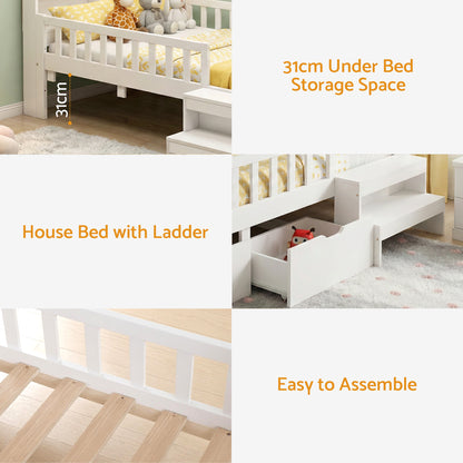 Artiss Single Bed Frame with 2 Storage Drawers, Montessori Bed with Headboard, 2 USB Ports &amp; Led Light, Solid Wood Platform Bed Base with Safety Rail &amp; Ladder, 31CM Under-Bed Storage, White-Furniture > Living Room > TV Units-PEROZ Accessories
