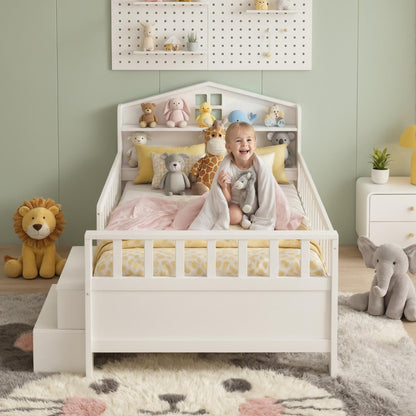 Artiss Single Bed Frame with 2 Storage Drawers, Montessori Bed with Headboard, 2 USB Ports &amp; Led Light, Solid Wood Platform Bed Base with Safety Rail &amp; Ladder, 31CM Under-Bed Storage, White-Furniture > Living Room > TV Units-PEROZ Accessories