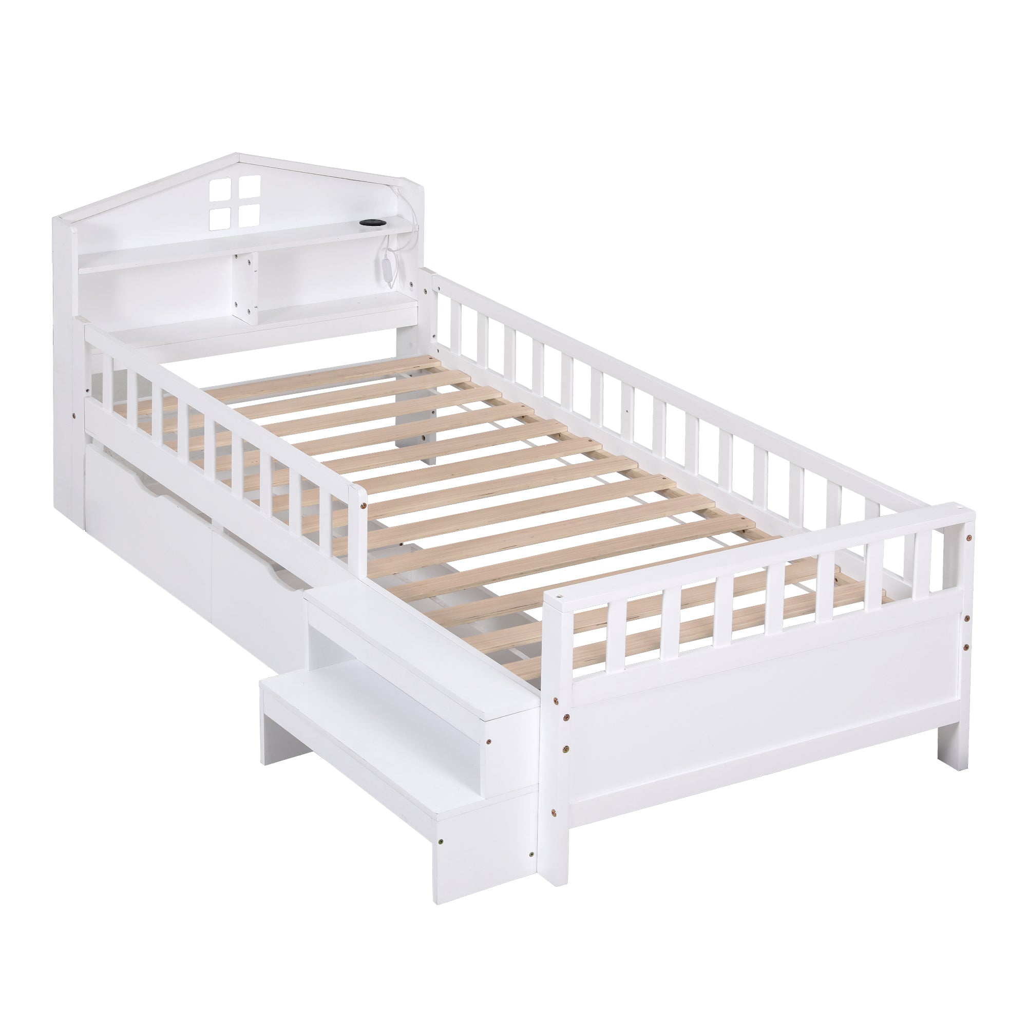 Artiss Single Bed Frame with 2 Storage Drawers, Montessori Bed with Headboard, 2 USB Ports &amp; Led Light, Solid Wood Platform Bed Base with Safety Rail &amp; Ladder, 31CM Under-Bed Storage, White-Furniture > Living Room > TV Units-PEROZ Accessories