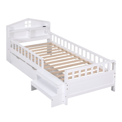 Artiss Single Bed Frame with 2 Storage Drawers, Montessori Bed with Headboard, 2 USB Ports &amp; Led Light, Solid Wood Platform Bed Base with Safety Rail &amp; Ladder, 31CM Under-Bed Storage, White-Furniture > Living Room > TV Units-PEROZ Accessories
