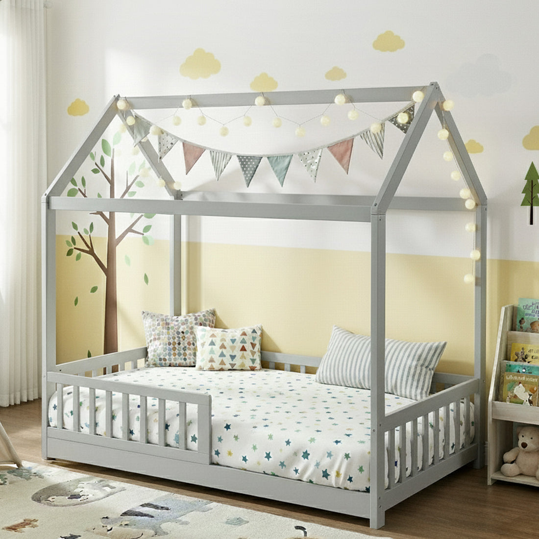 Artiss Wooden Bed Frame House Shape Pine Timber Base Single Size Platform Grey-Bed Frames-PEROZ Accessories