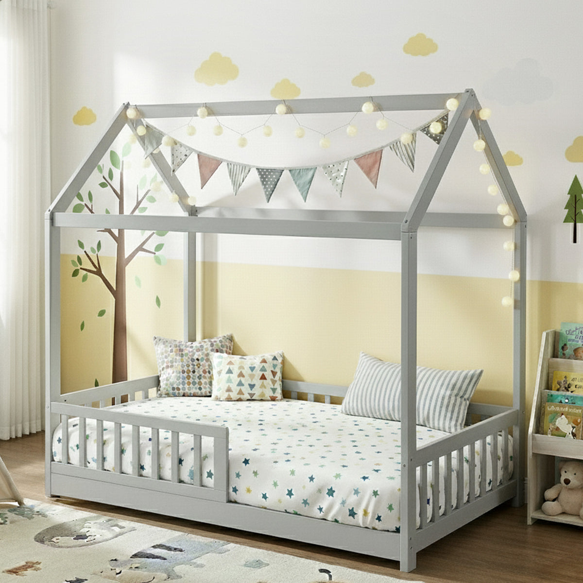 Artiss Wooden Bed Frame House Shape Pine Timber Base Single Size Platform Grey-Bed Frames-PEROZ Accessories